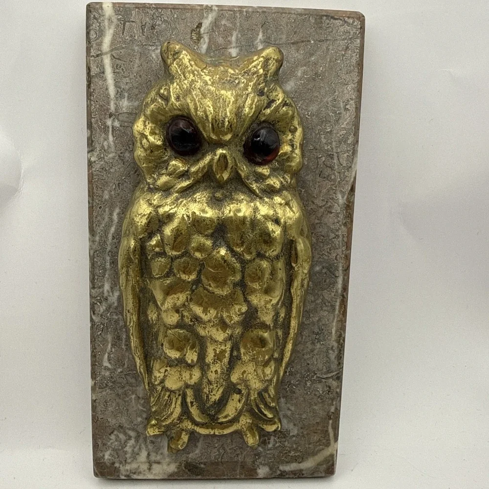 Antique OWL Figural Brass & Marble Desktop Paper Holder Paperclip Vintage Unique